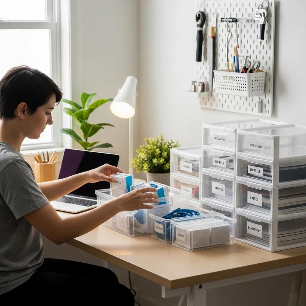 Neat workspace with labeled bins, demonstrating decluttering tips for home organization
