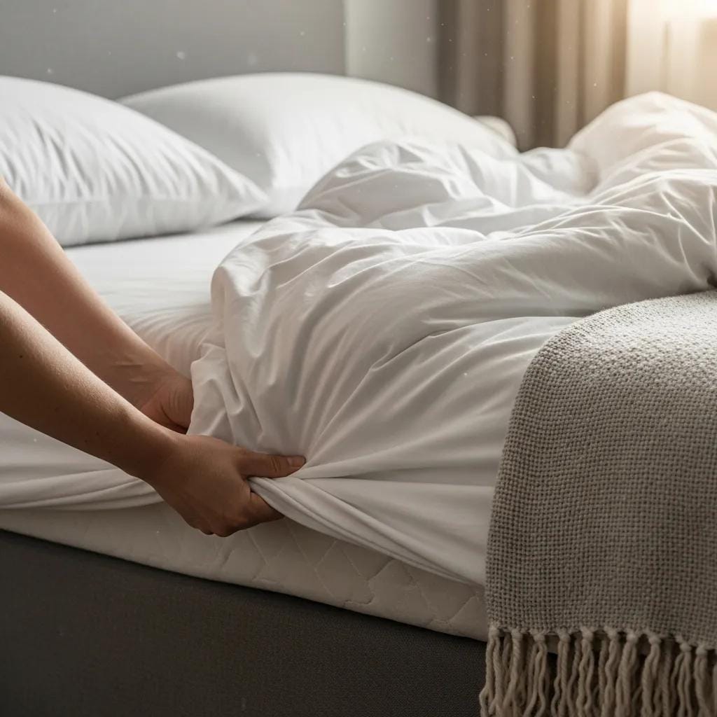 Person making a bed to illustrate simple daily tasks that keep order