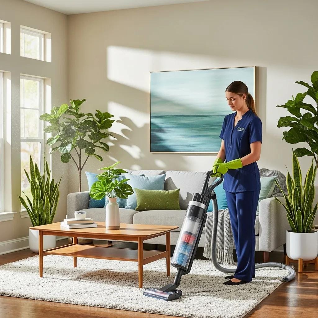 Professional cleaning service enhancing indoor air quality in a bright living room