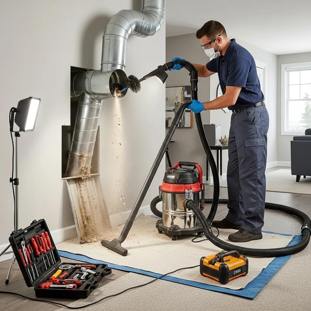 Technician performing air duct cleaning to improve indoor air quality and HVAC efficiency