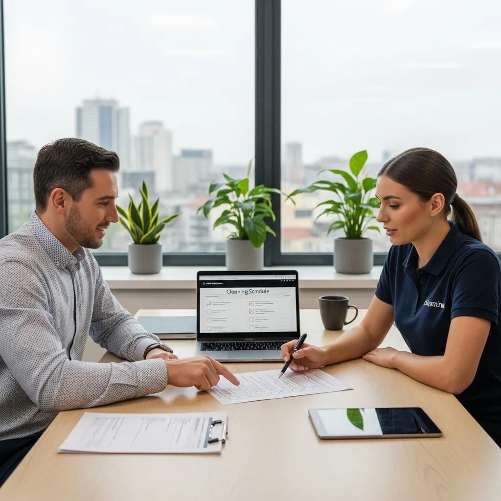 Business owner consulting with cleaning service representative about unique cleaning requirements in a modern office