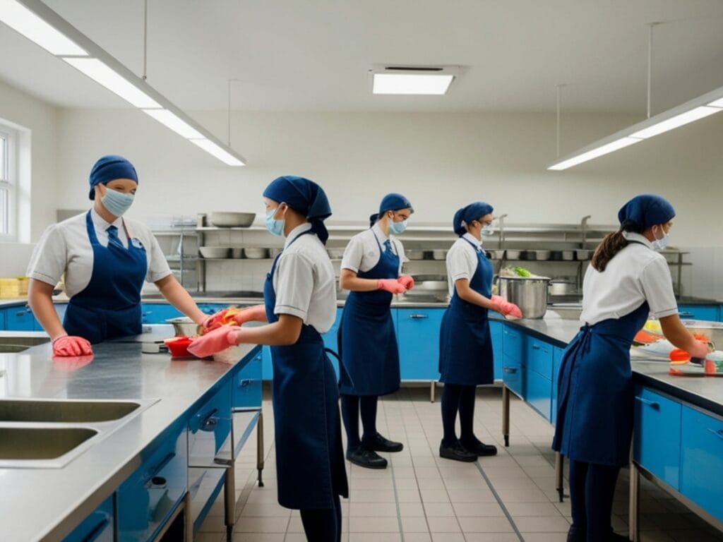 Five people in uniforms and masks prepare food at separate stations in a clean, modern kitchen with blue cabinets and stainless steel countertops, offering commercial insights into how choosing schedules boosts efficiency.