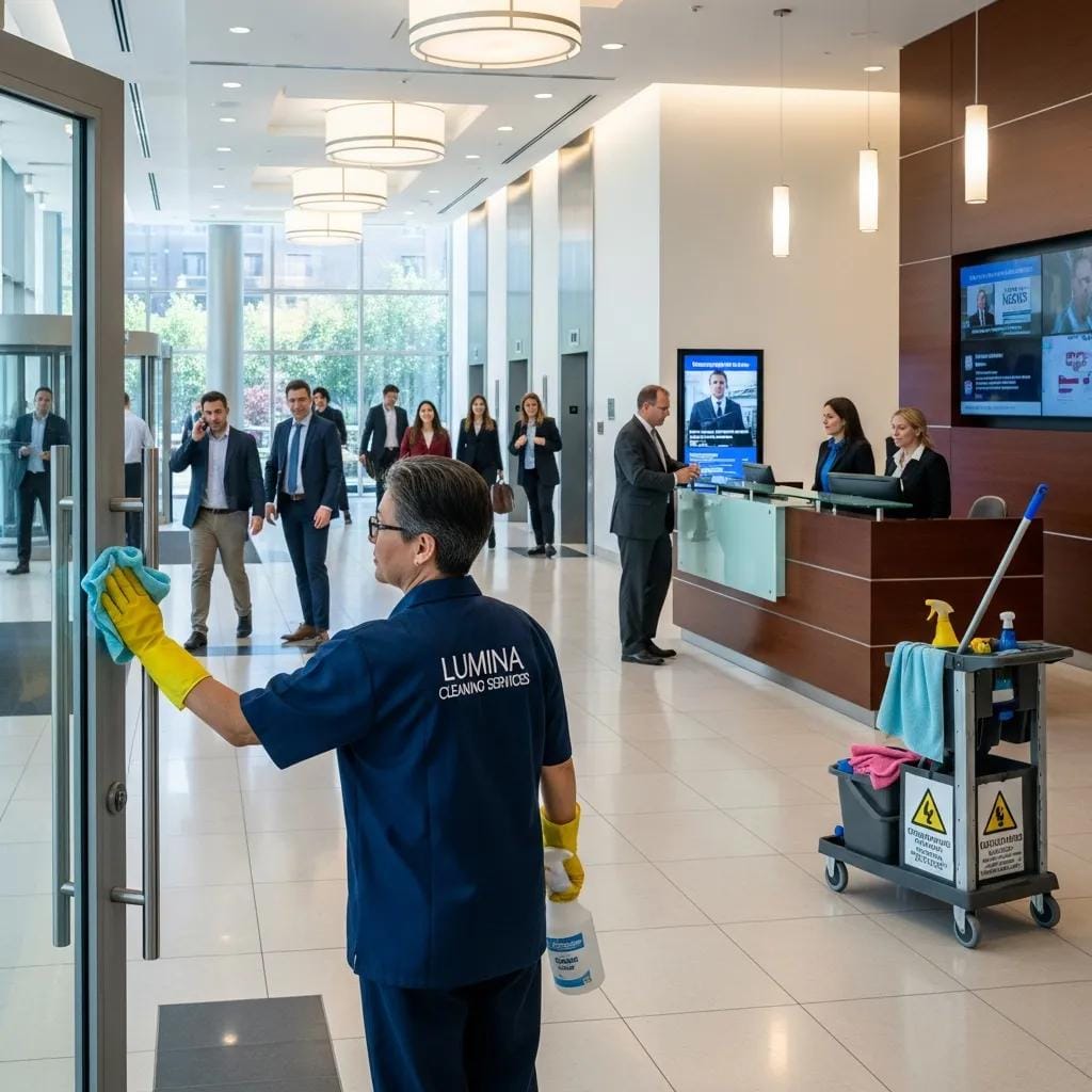 Janitor disinfecting surfaces in a busy office lobby, highlighting daily cleaning tasks for high-traffic areas