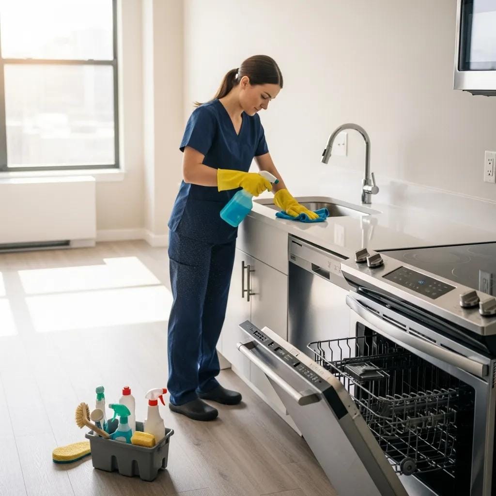 Professional cleaner performing move-out cleaning in a vacant rental property, ensuring readiness for new tenants