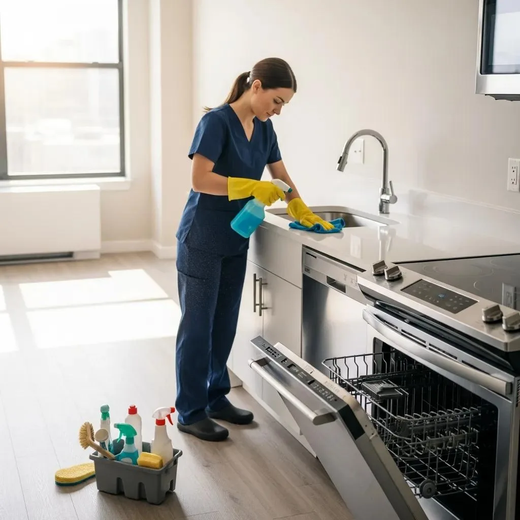 Professional cleaner performing move-out cleaning in a vacant rental property, ensuring readiness for new tenants