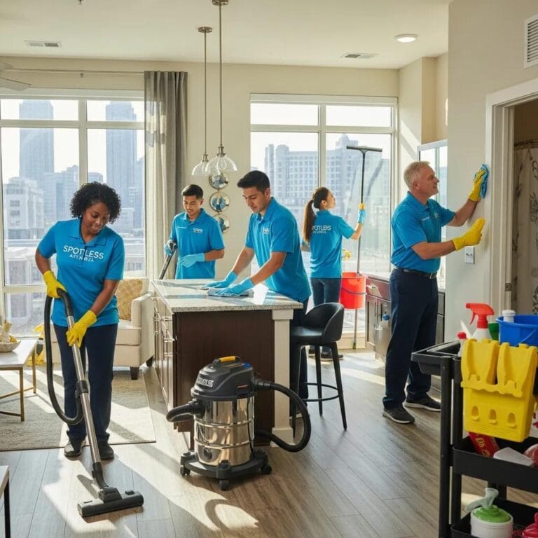 Professional cleaning team at work in an Atlanta apartment complex, highlighting property management cleaning solutions