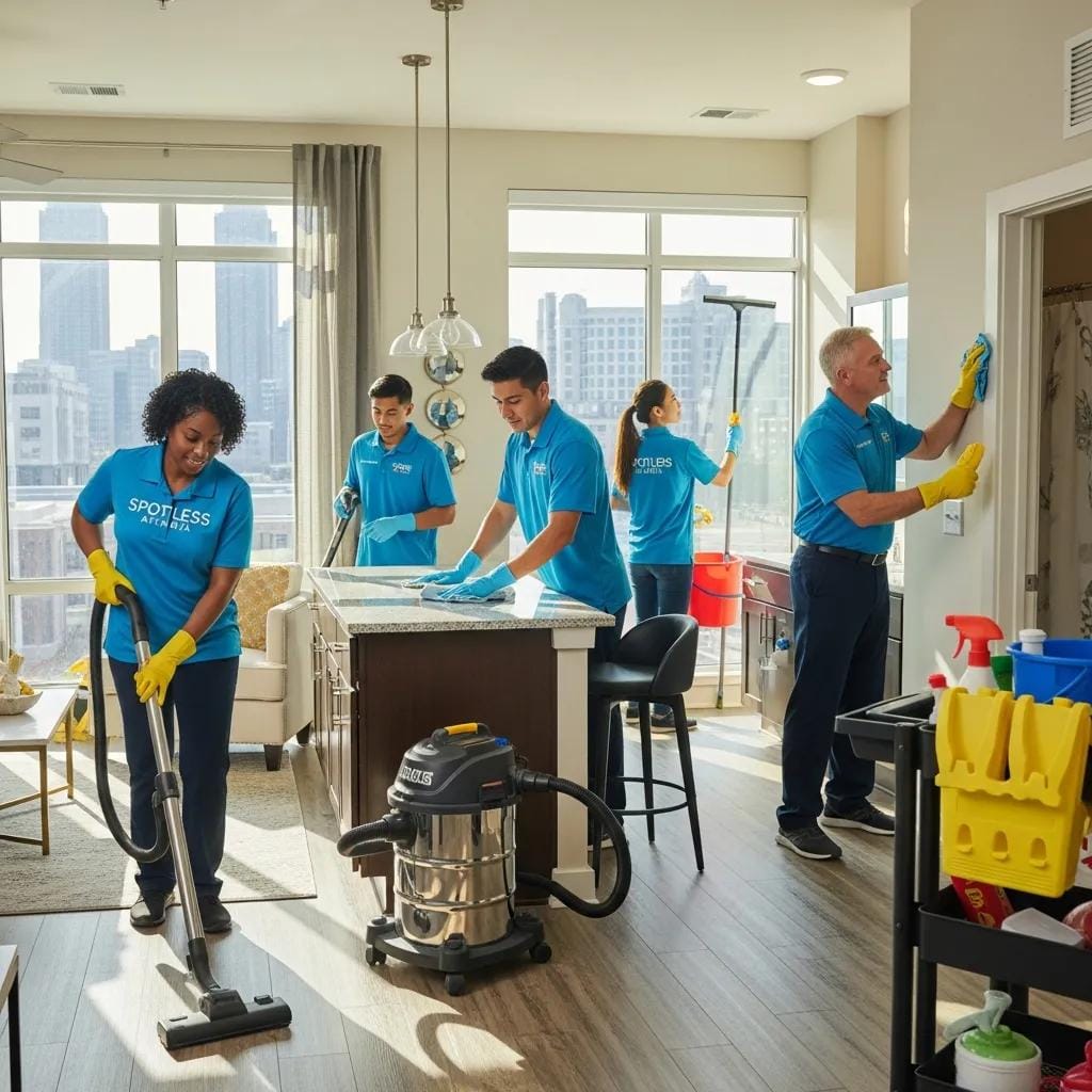 Professional cleaning team at work in an Atlanta apartment complex, highlighting property management cleaning solutions
