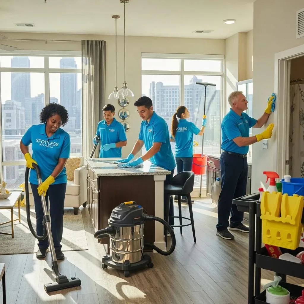 Professional cleaning team at work in an Atlanta apartment complex, highlighting property management cleaning solutions