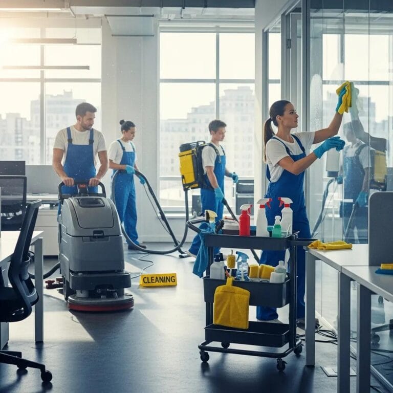 Professional cleaning team working in a bright office, emphasizing the importance of cleanliness in business environments