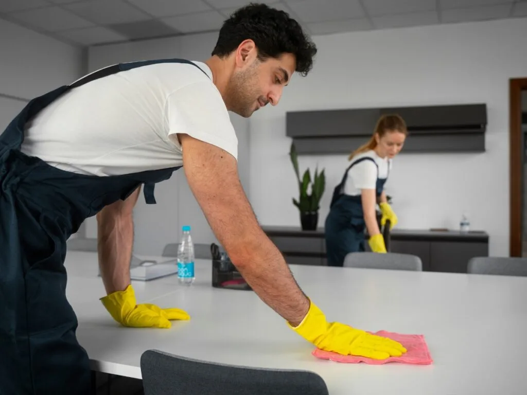 Two people in cleaning uniforms and yellow gloves wipe down office tables with cleaning cloths; a water bottle sits on the table. Specialized property management cleaning services available in Atlanta.