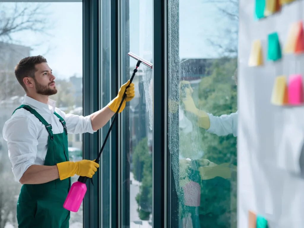 A man wearing green overalls and yellow gloves cleans a large window with a squeegee and spray bottle. Colorful sticky notes are visible on the glass, highlighting specialized cleaning services for Atlanta property management.