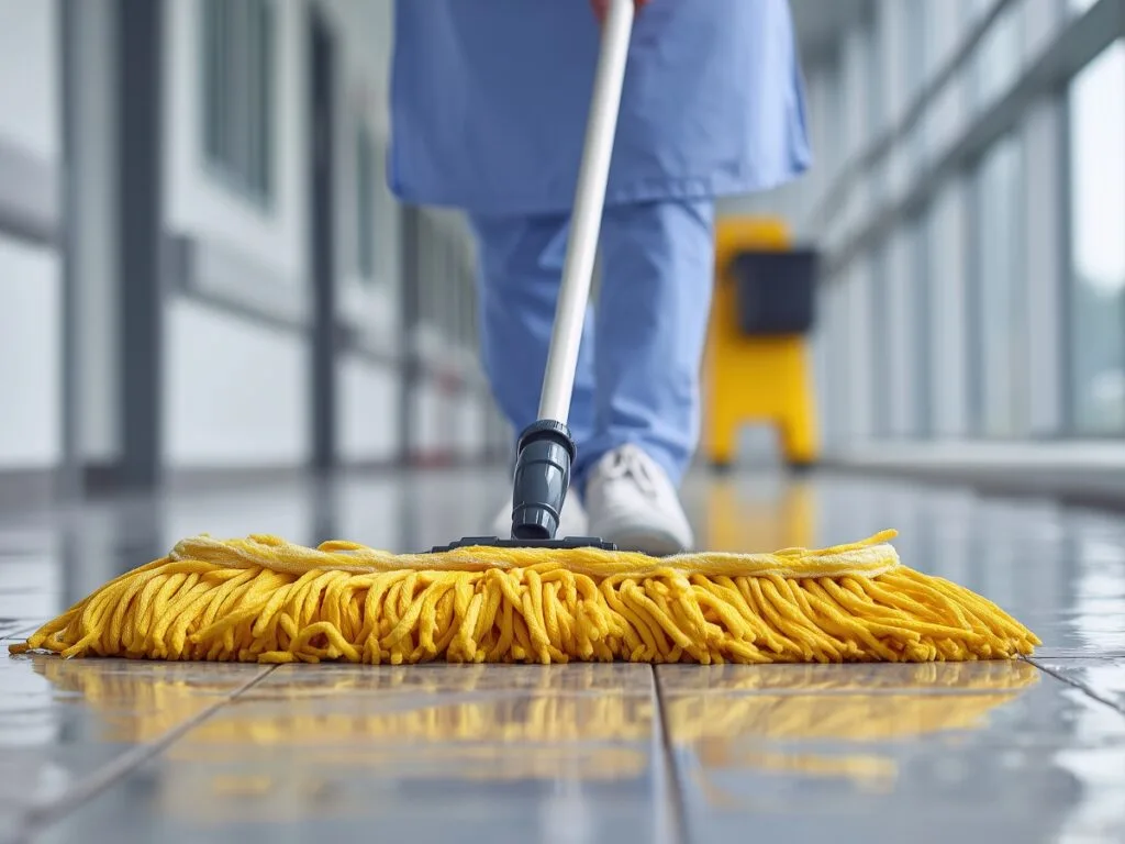 A person in blue scrubs mops a shiny tile floor with a yellow mop in a corridor; specialized services ensure property management cleaning meets Atlanta’s high standards, as a yellow caution sign sits in the background.