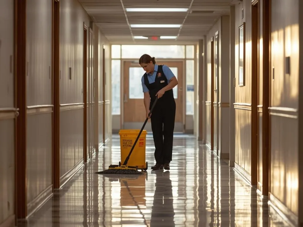 A person mops a shiny hallway floor with a yellow caution sign and mop bucket nearby, in a well-lit education building corridor.