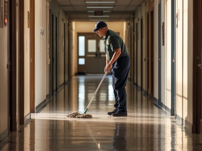 A person in uniform mops the floor of a clean, well-lit hallway, likely in an education facility, with closed doors along both sides.