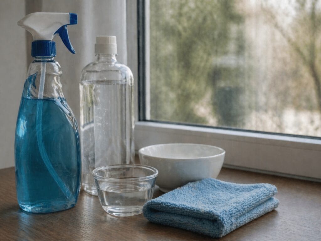 Spray bottle, clear plastic bottle, small glass bowl, white bowl, and blue cloth placed on a wooden surface by a window—perfect essentials for achieving streak free windows.