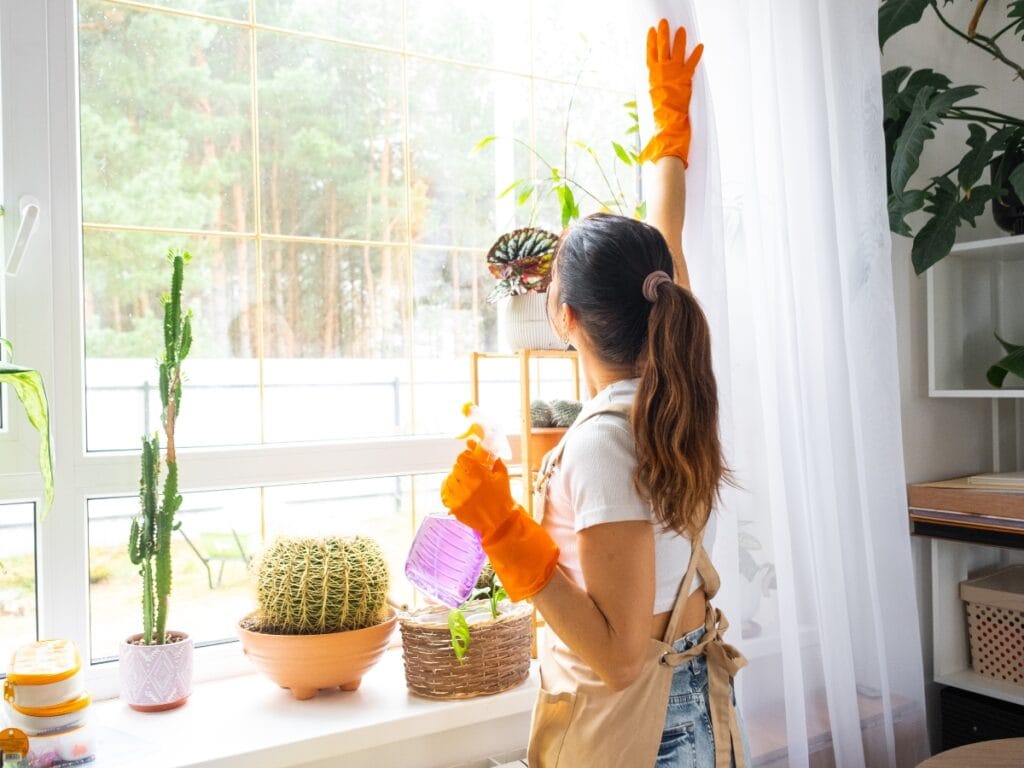A woman wearing orange gloves and an apron cleans a window with a spray bottle and cloth for streak free windows. Several potted plants are arranged on the windowsill and shelf.