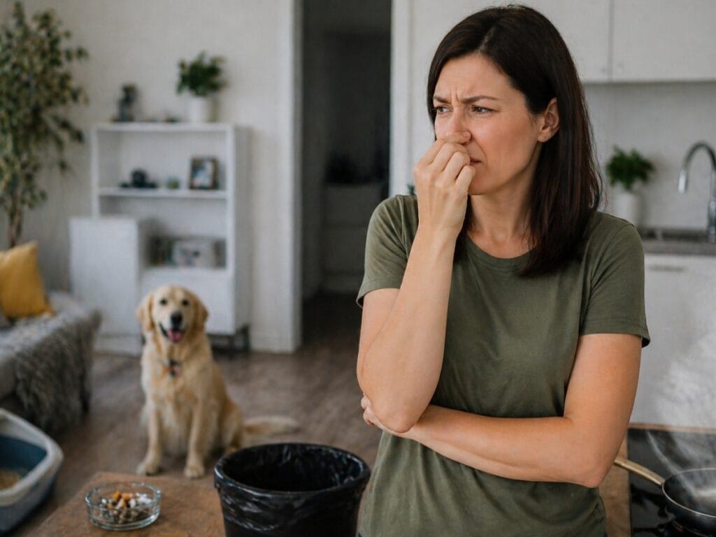 A woman in a green shirt holds her nose and looks uncomfortable in a kitchen, while a dog sits by a food bowl near a trash bin—she could use some tips for odor removal to freshen up the space.