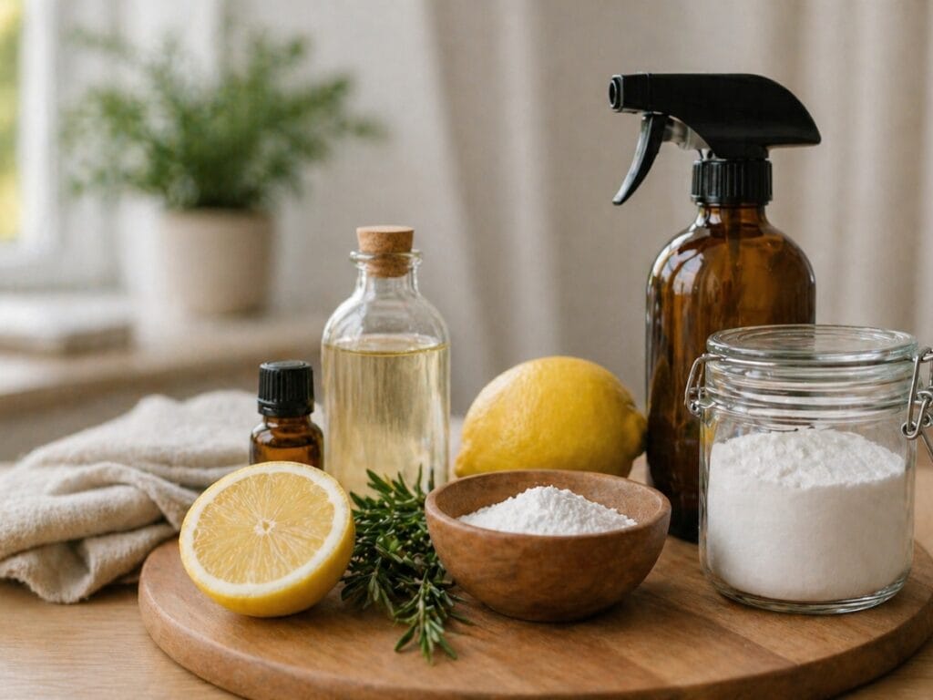 A wooden tray with a halved lemon, small glass bottles, a brown spray bottle, a jar of white powder, a wooden bowl of powder, and fresh herbs on a table—perfect for natural tips on odor removal.