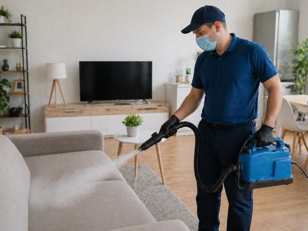 A person wearing a mask, gloves, and uniform uses a spray cleaning machine to sanitize a beige couch in a modern living room, demonstrating effective tips for odor removal.