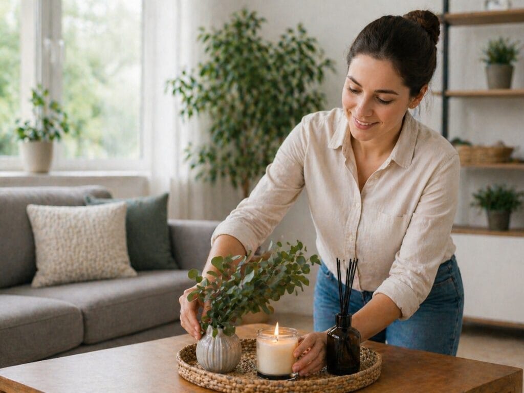 A woman arranges a tray with a potted plant, a lit candle, and a reed diffuser—smart tips for odor removal—on a wooden table in a living room.