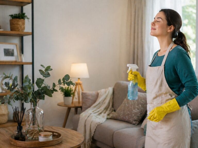 Woman wearing yellow gloves and an apron stands in a living room holding a spray bottle, eyes closed and smiling, surrounded by clean decor&mdash;showcasing her confidence with odor removal tips for a fresh, tidy home.