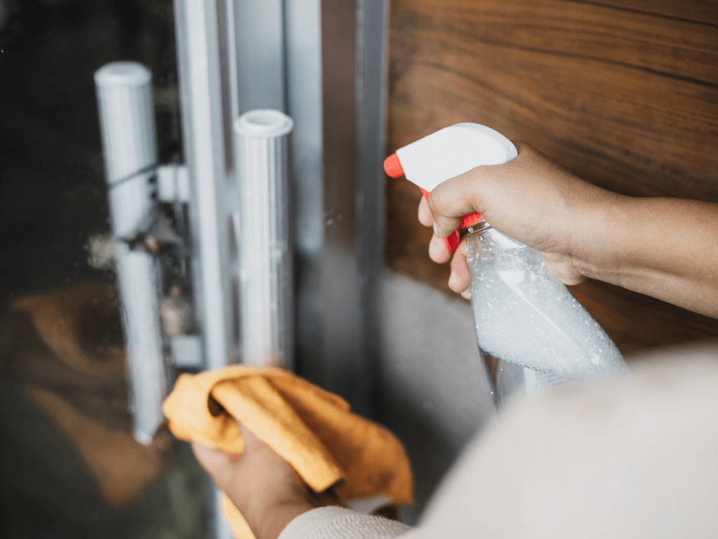 A person cleans a glass door using a spray bottle and an orange cloth, highlighting the disinfecting sanitizing difference in proper cleaning routines.