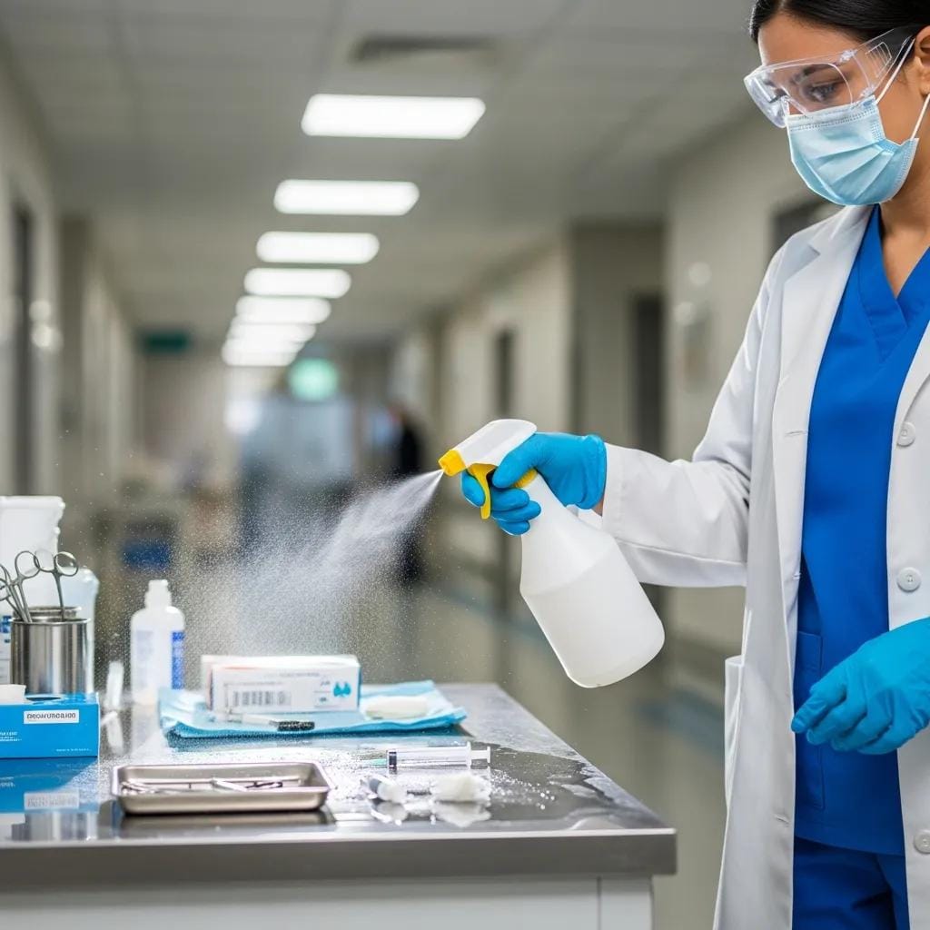 Professional cleaner disinfecting a hospital surface with PPE, highlighting effective germ control