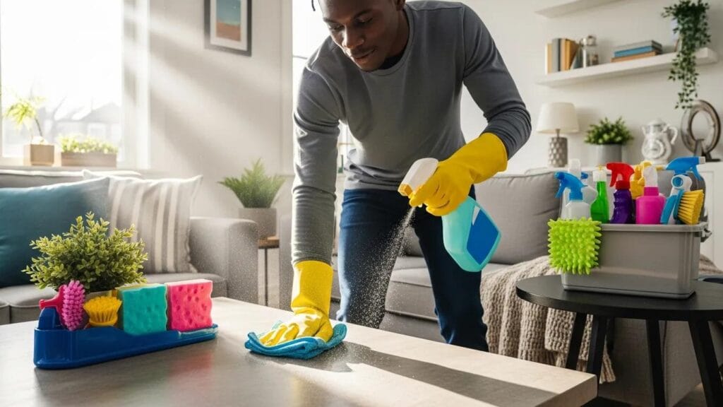 Person speed cleaning a living room with organized supplies and a multi-surface cleaner