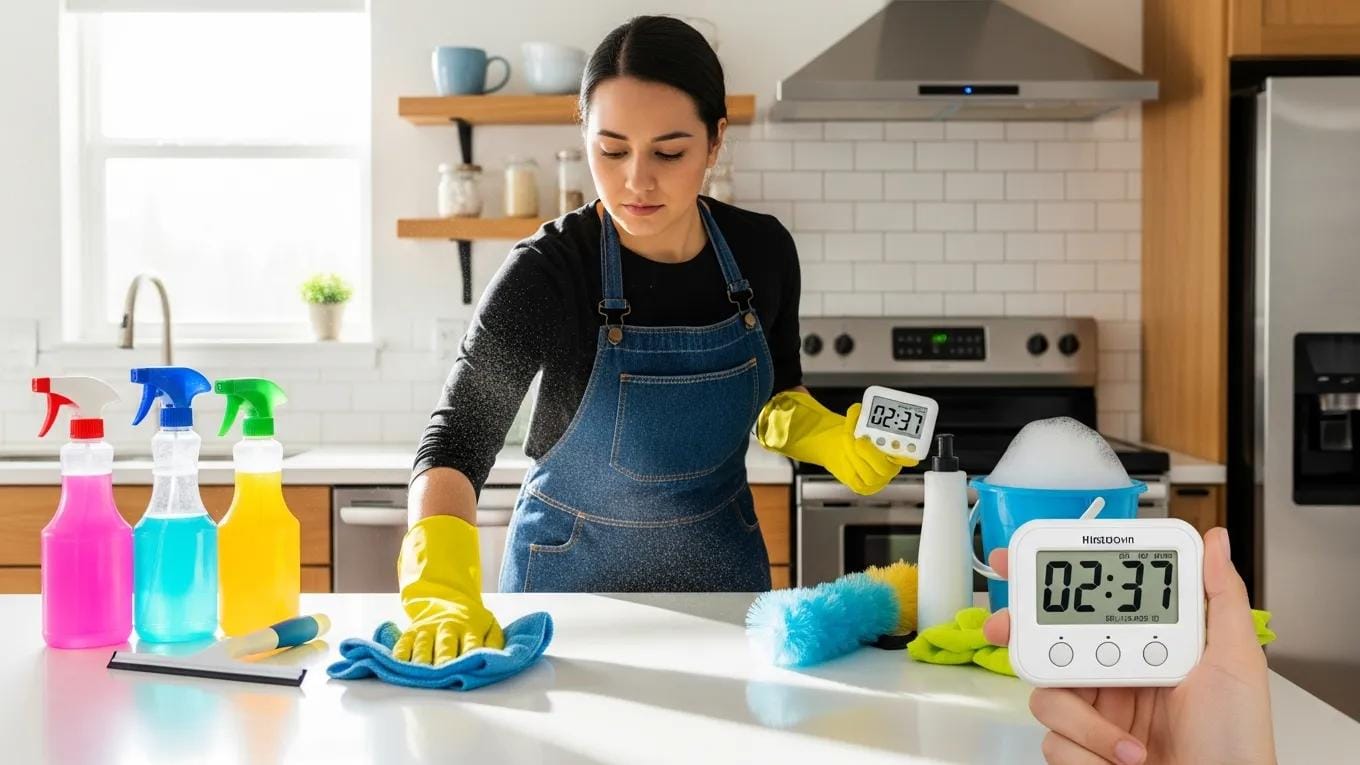 Person using a timer while cleaning with organized supplies in a tidy environment
