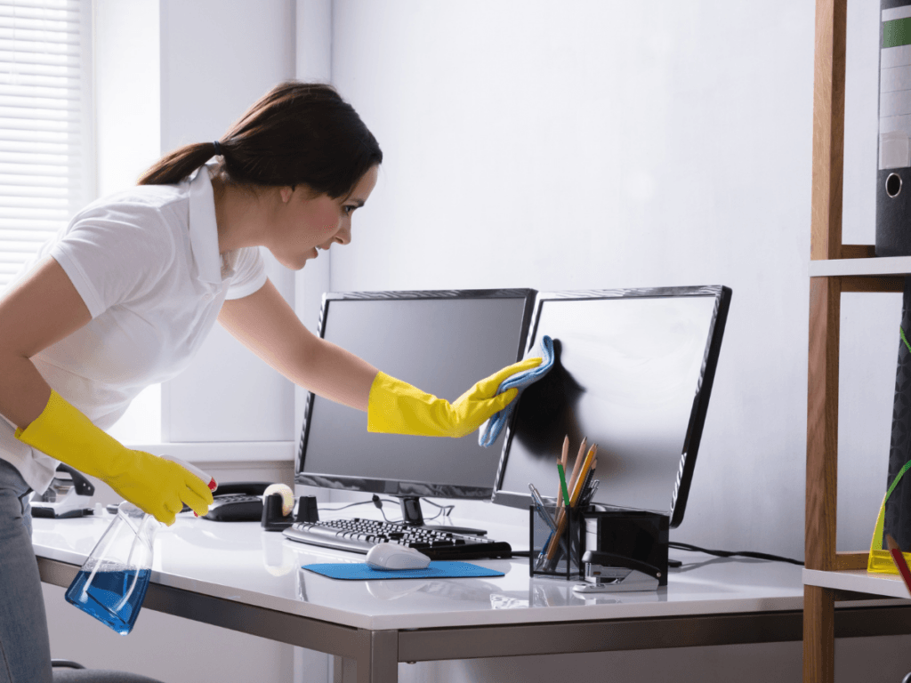 Woman wearing yellow gloves uses a cloth and spray bottle to clean a computer monitor on an office desk with another monitor, keyboard, and stationery, highlighting the clean office benefits of maintaining a tidy and hygienic workspace.
