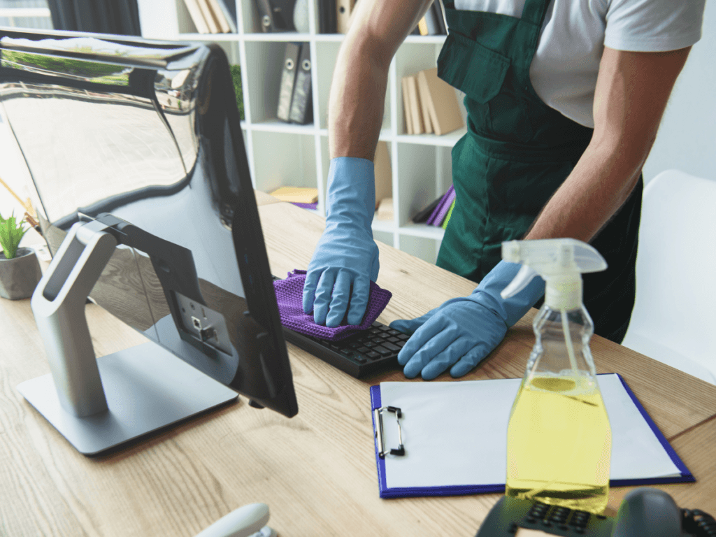Person wearing gloves cleans a computer keyboard with a cloth, highlighting the clean office benefits; cleaning spray bottle and clipboard are on the desk, while a monitor and shelves are visible in the background.