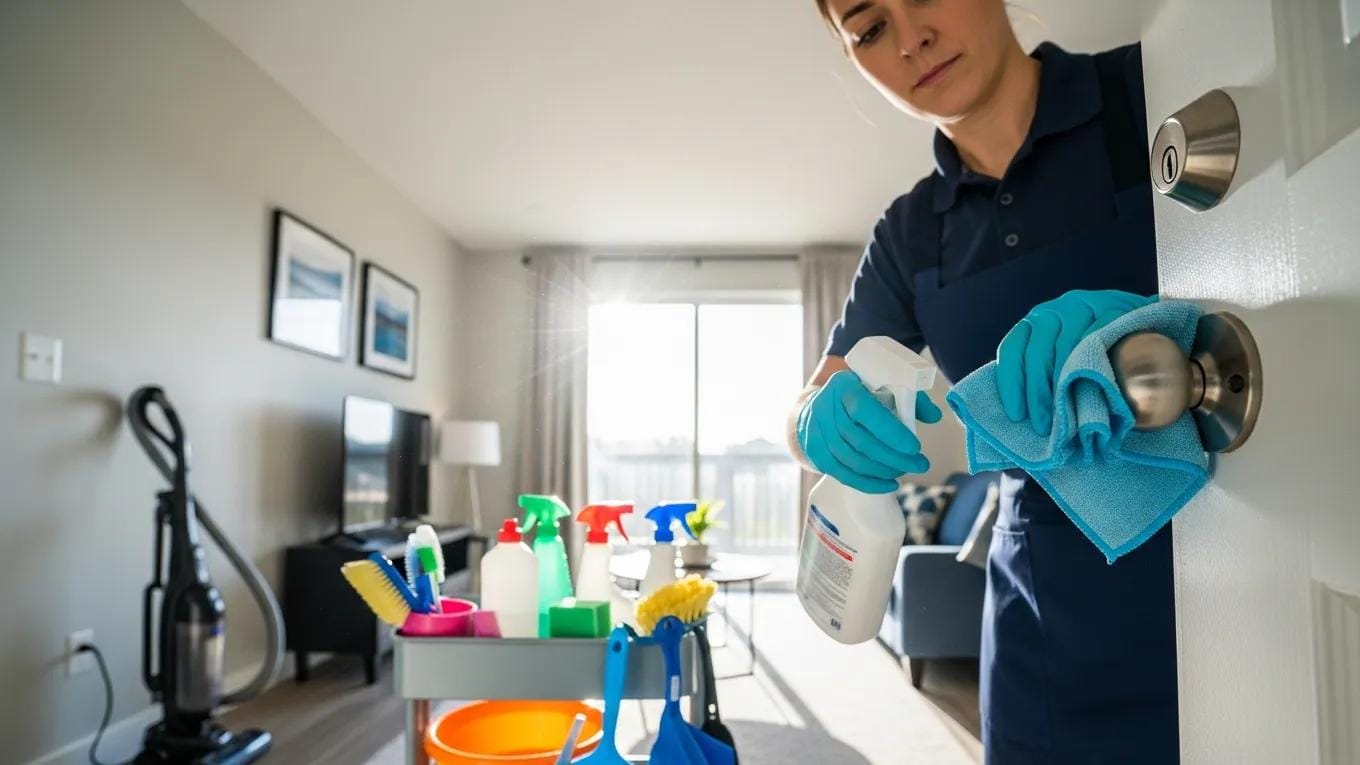 Cleaning professional sanitizing high-touch areas in a vacation rental