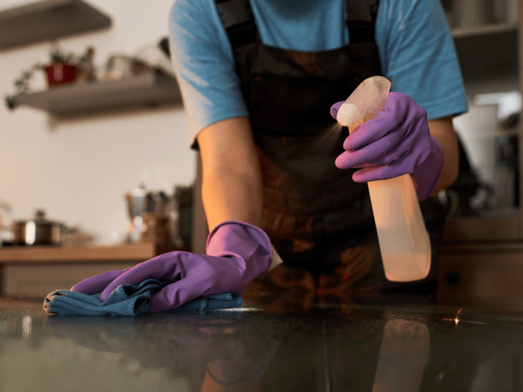 Person wearing purple gloves cleans a surface with a spray bottle and cloth in a kitchen setting, demonstrating effective dusting techniques.