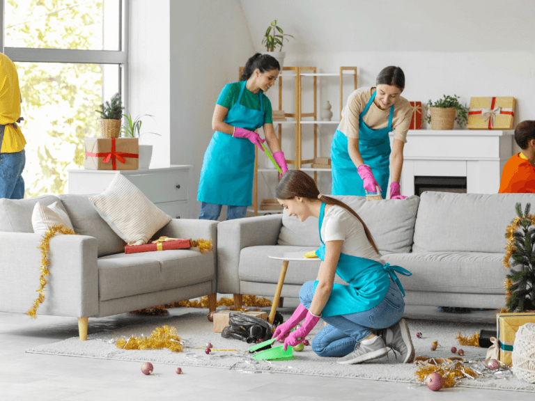 Three women in aprons and gloves handle event cleanup as they tidy a festive living room with a vacuum and dustpan; decorations and gifts are visible.
