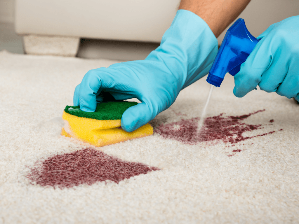 A person wearing blue gloves uses a sponge and spray bottle to clean a red stain from a white carpet, demonstrating an effective stain removal guide in action.