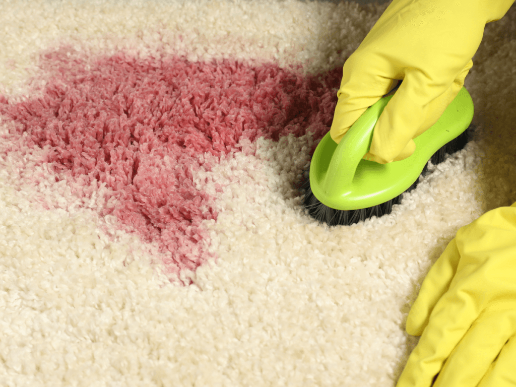 A person wearing yellow gloves scrubs a large red stain on a white carpet with a green brush, demonstrating an effective technique from a stain removal guide.