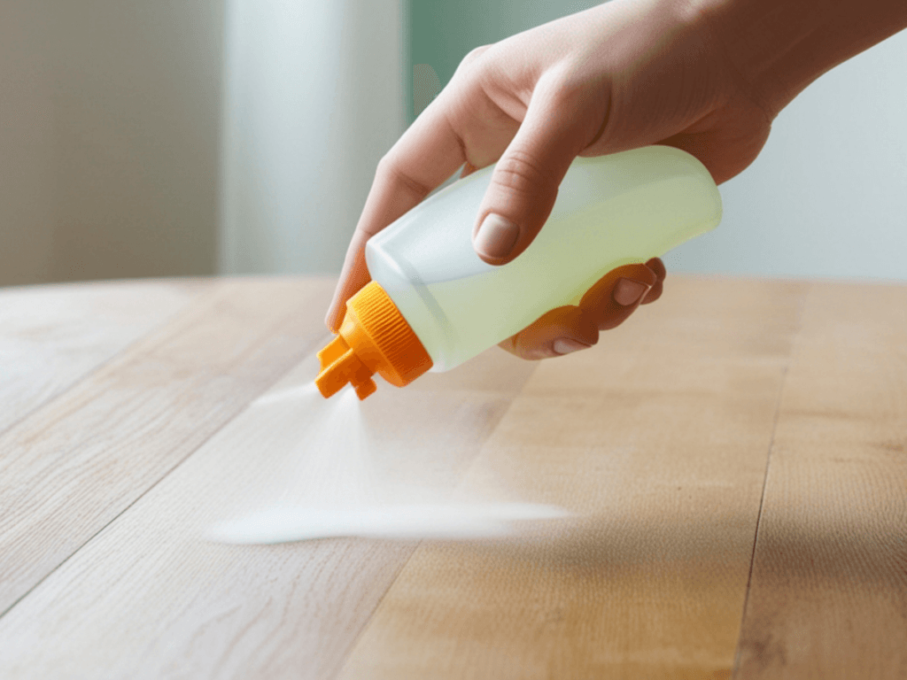 A hand sprays cleaning solution from a small bottle onto a wooden surface, following the steps of an effective stain removal guide.